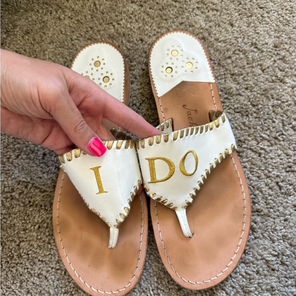 Jack Rogers White and Tan 'I DO' Embroidered Thong Sandals